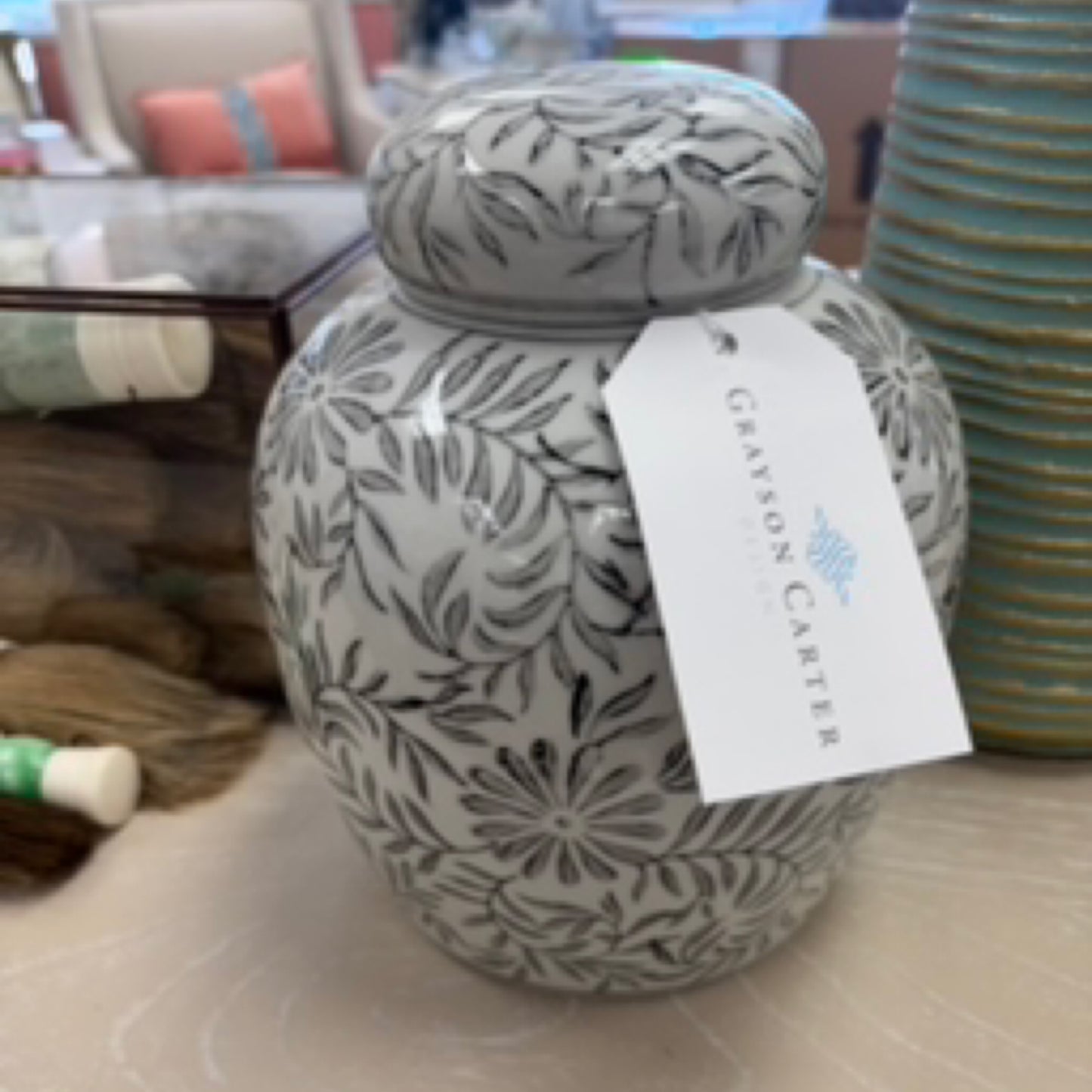 Black and white floral jar