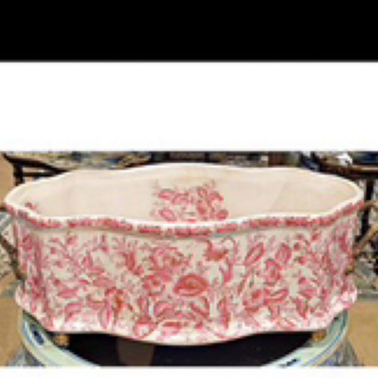 Porcelain Pink Chinoiserie Planter/Cachepot with Bronze Handles