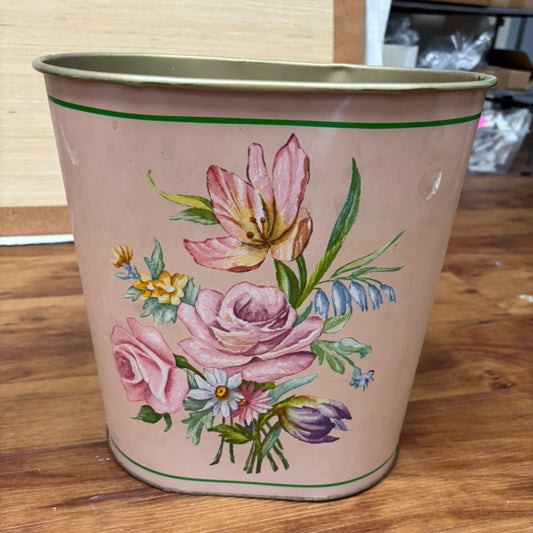 Vintage Floral Metal Wastebasket