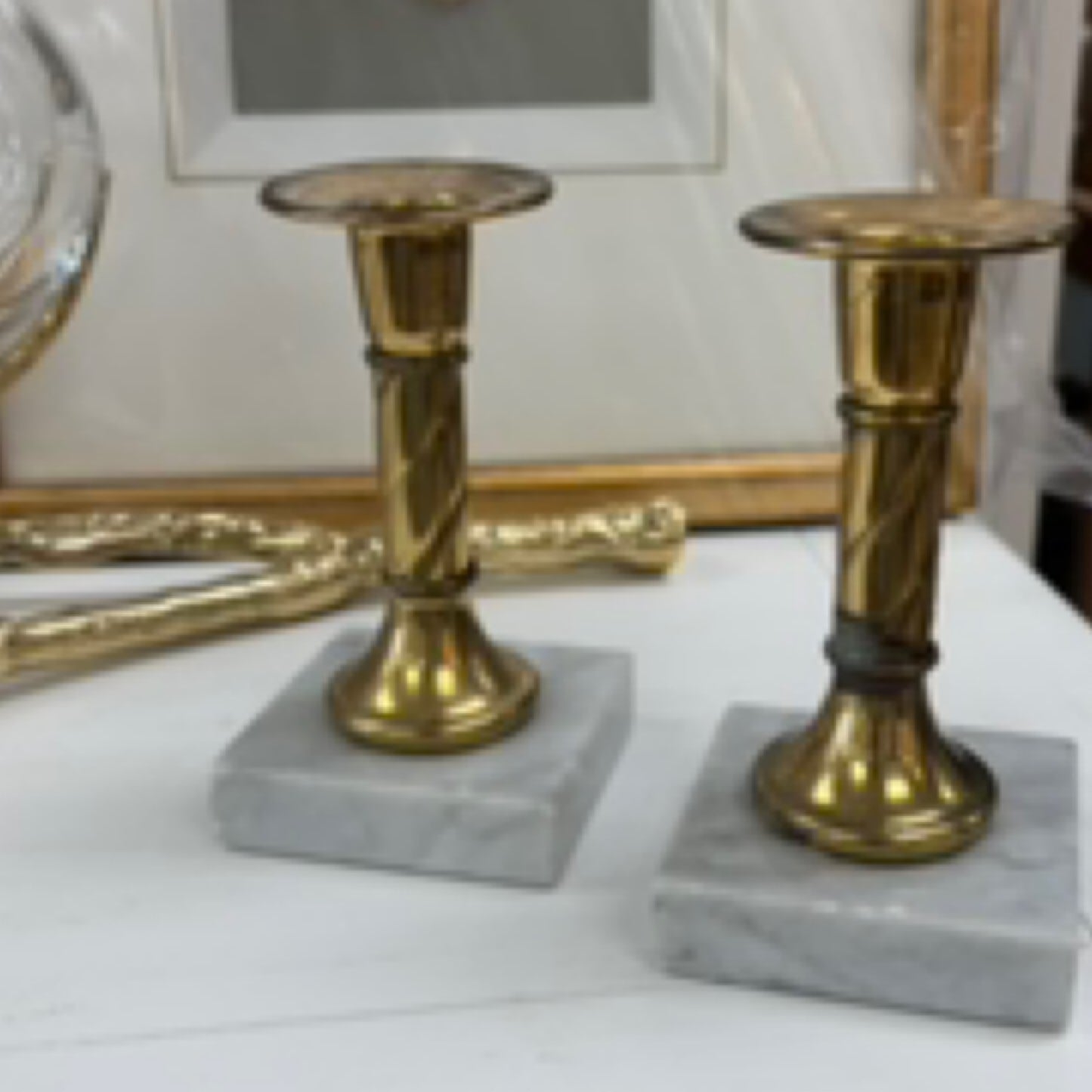 Vintage Brass Candle Holder Set with Marble Base