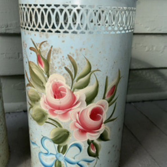 Vintage Handpainted Metal Wastebasket