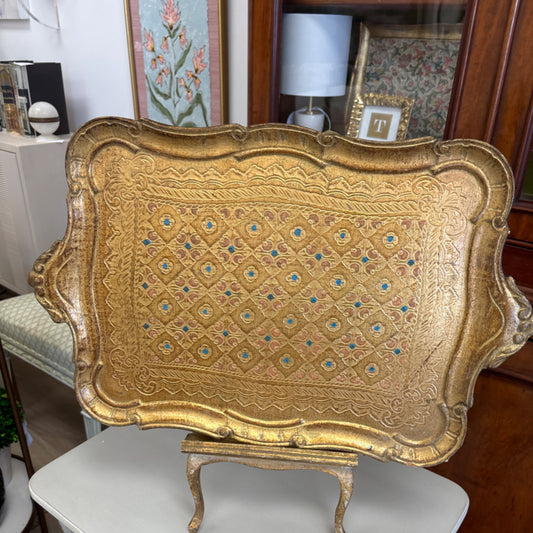 Gold Florentine tray with blue and pink