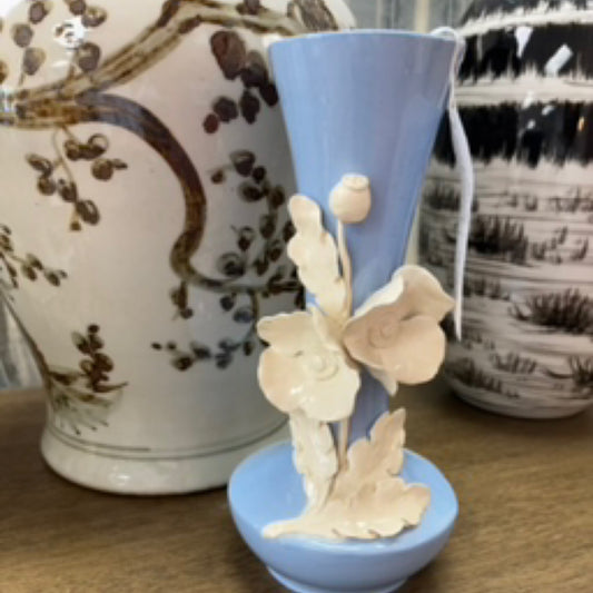 Blue Vase With Porcelain White Flower (10")
