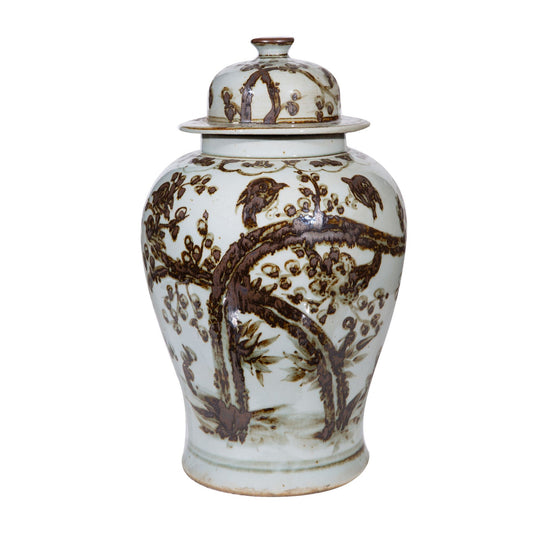 Rusty Brown Magpie on Plum Motif Porcelain Temple Jar  Small 2