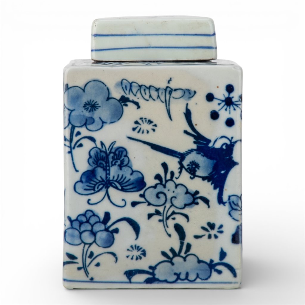 Small Square Lidded Jar-Blue/White