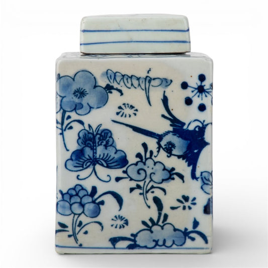 Small Square Lidded Jar-Blue/White
