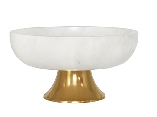 WHITE MARBLE BOWL WITH BRASS TAPERED PEDESTAL BASE