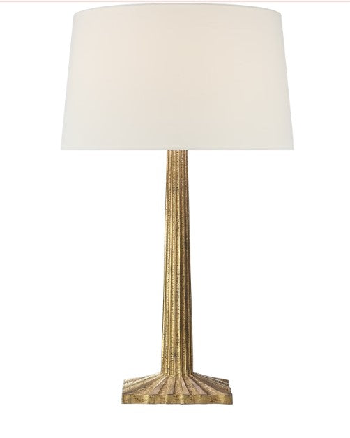 Fluted Column Table Lamp in Gilded Iron with Linen Shade