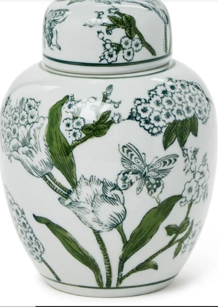 Primrose and Lotus Green and White Chinoiserie Ginger Jar with Lid
