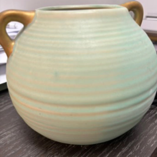 Large Green Vase with Gold Handles