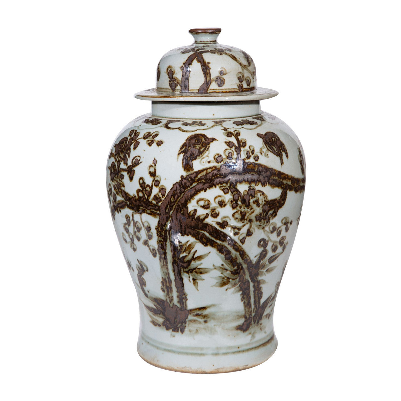 Rusty Brown Magpie on Plum Motif Porcelain Temple Jar  Small 2